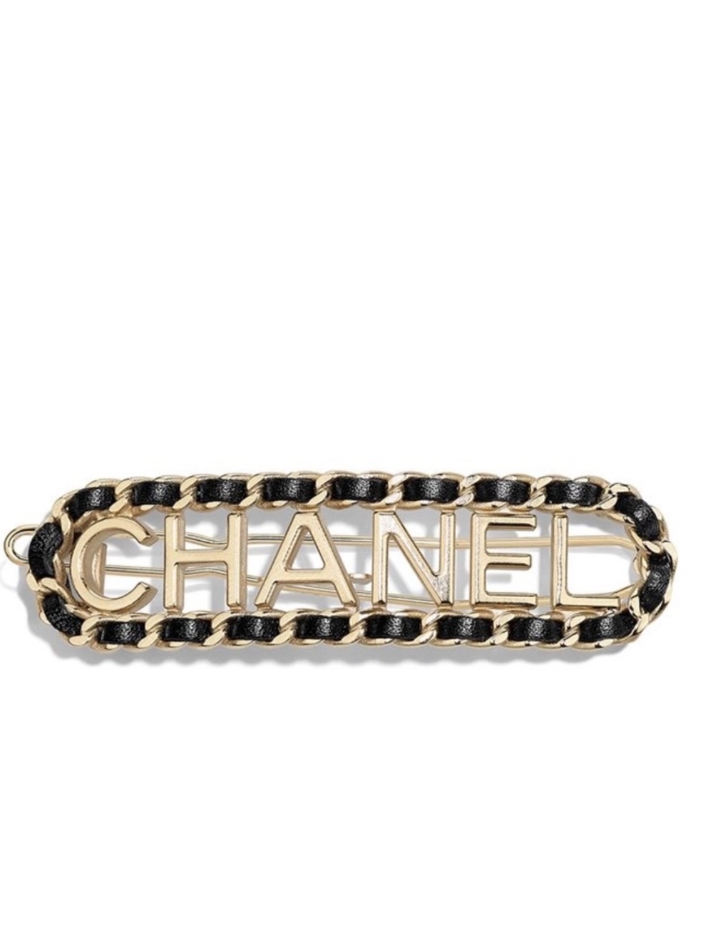 Double C Spell - Out Chain Link Hair Clip - Barrette with Black woven Leather